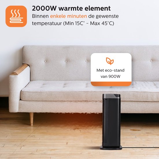 Vorteza - Keramik-Heizlüfter - bis 22 m² - 2000W - Mit Thermostat/ Drehfunktion - Innen- und Außenbereich - Ecofan-Heizung - Schwarz