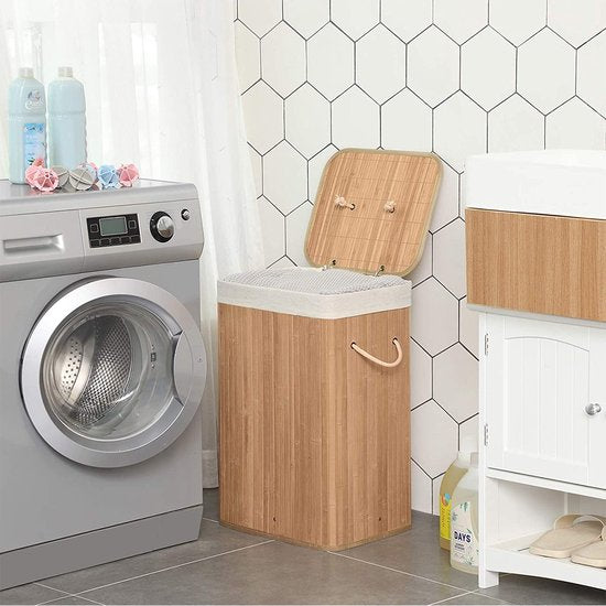 Songmics XL 72 Liter – Großer, zusammenklappbarer Wäschekorb – Bambus – waschbares Innenfutter – 40 x 30 x 60 cm