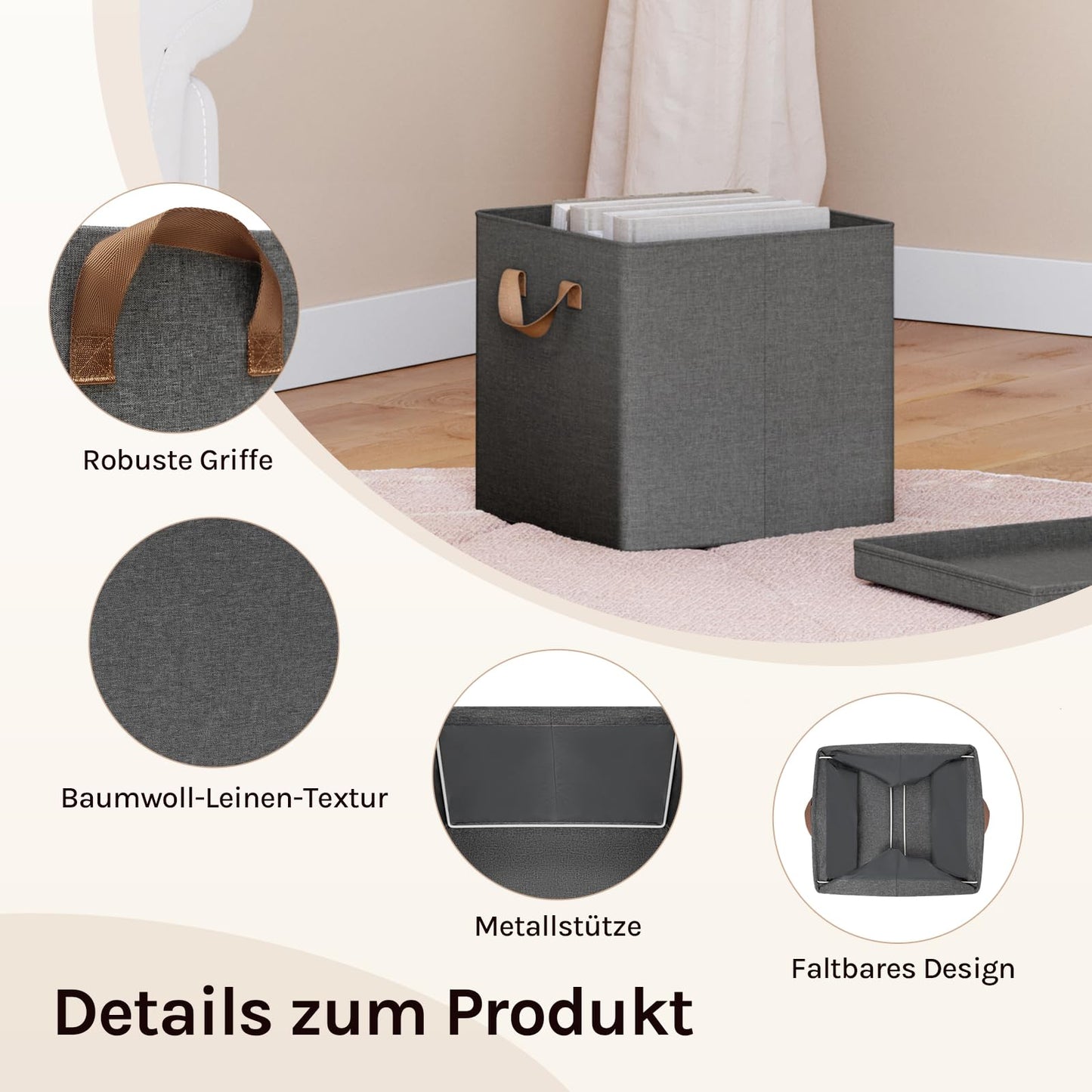 WOLTU Aufbewahrungsbox – zusammenklappbar – mit Deckel – 5 Stück – 30 x 30 x 29 cm – grau