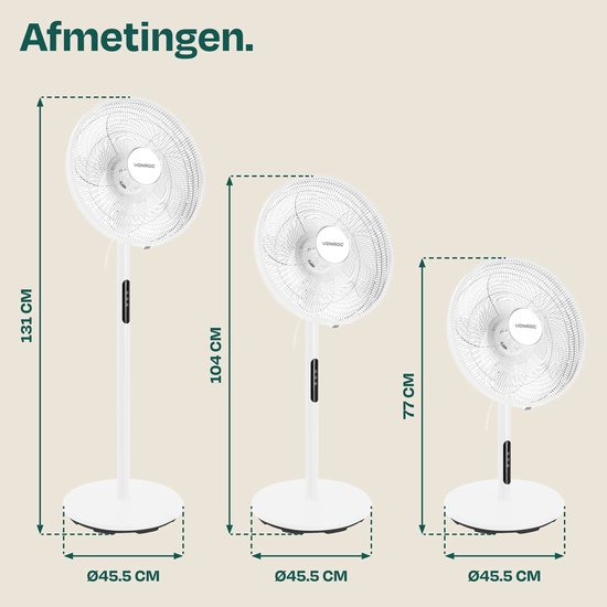 VONROC Standventilator – Ø 45,5 cm – 4 Geschwindigkeitsstufen & Schlafmodus – Timer – in 3 Höhen verstellbar – inkl. Fernbedienung – weiß