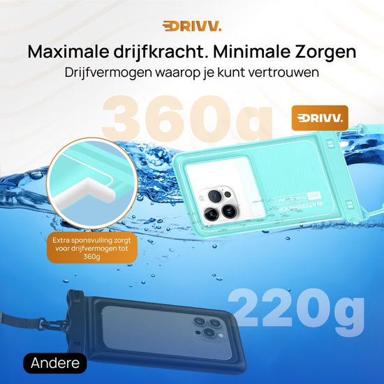 Drivv. Wasserdichte Luxus-Telefonhülle - schwimmend - Doppel-Clip-Verschluss - Telefone bis zu 6,8 Zoll - Unterwasser-Telefonhülle - Blau