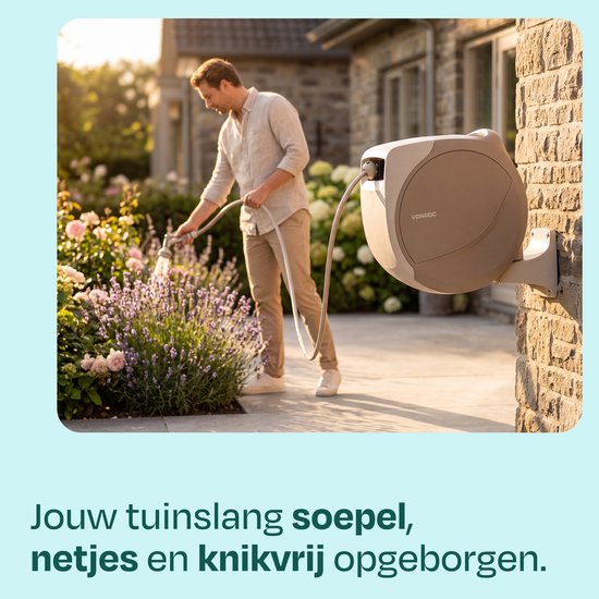 VONROC Automatischer Gartenschlauchaufroller – Gartenschlauchbox zur Wandmontage – inkl. 30 m Premium-Gartenschlauch, Spritzpistole mit 8 Sprühstufen und Anschlüssen – beige