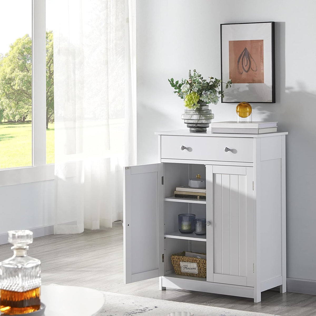 Yaheetech Badezimmerschrank 60 x 30 x 80 cm – Weiß – 2 Türen – Große Schublade – Verstellbare Einlegeböden