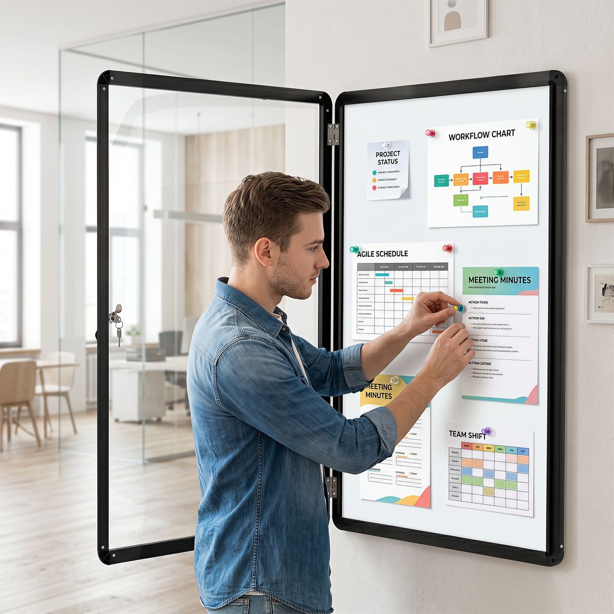 Coast – Abschließbare Vitrine mit Informationstafel – Magnetische und beschreibbare Rückwand – Größe M – Schwarz