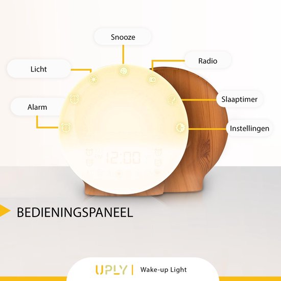 UPLY Wake Up Light - Mit USB-Ladestation - Lichtwecker - Radiowecker - 2 Weckzeiten - 7 Farben