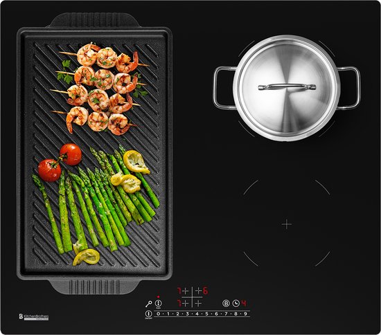 KitchenBrothers Induktionskochfeld - Einbau-Induktionskochfeld - 60 cm - 4 Zonen - 1x Flexzone - 1 und 2 Phasen - bis zu 2400W - Schwarz