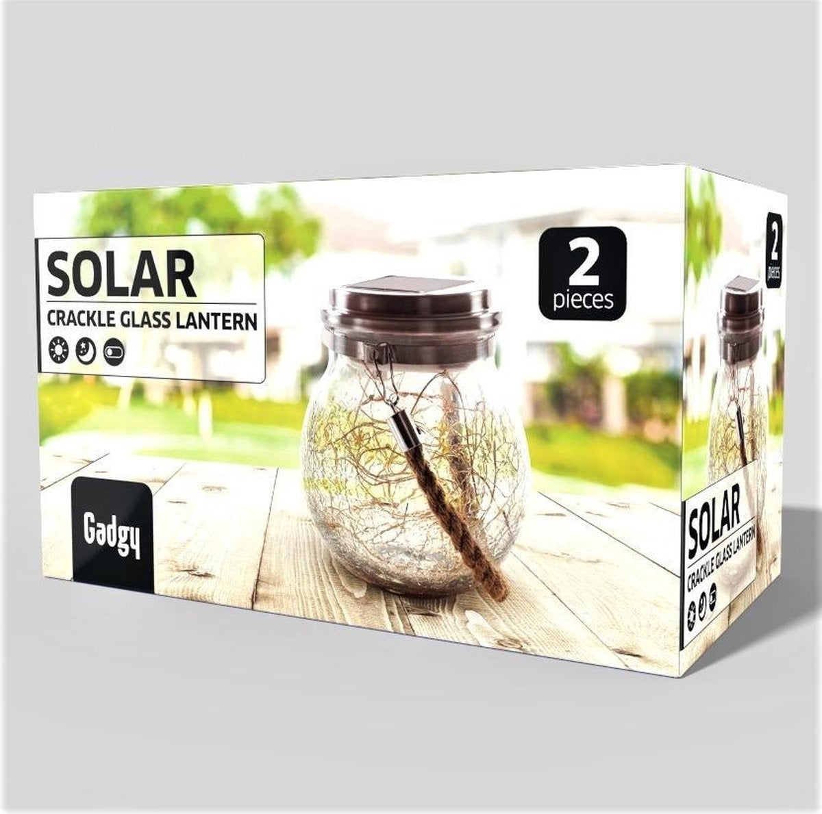 Gadgy Solar Laterne CraquelÃ© Glas mit 20 Lichterketten - 2er Set - Solar-Gartenleuchte - LED-Außenleuchte mit Tag/Nacht-Sensor - Tischleuchte / Hängelampe / Gartenlaterne - 13,5 x Ã˜12 cm