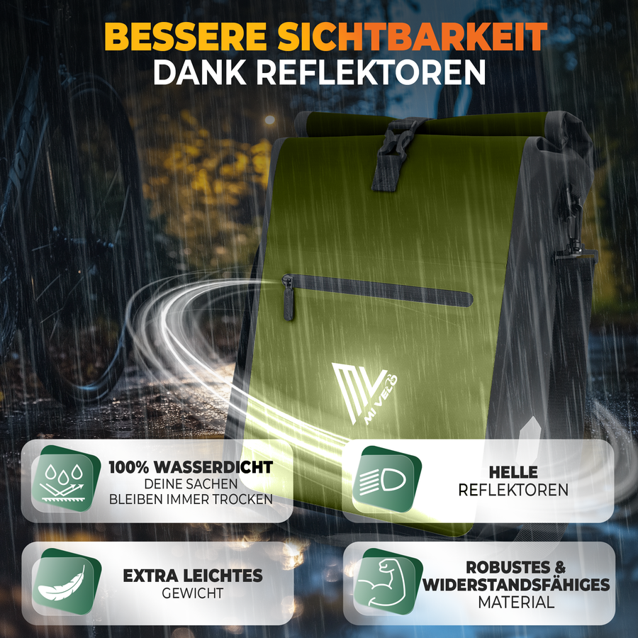 MiVelo Max - 2-in-1 wasserdichte Packtasche für Gepäckträger - Olivgrün - 25 L