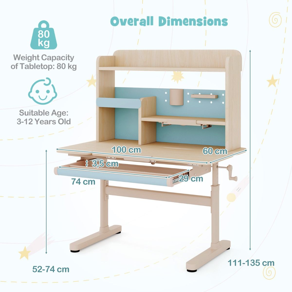 coast Kindertisch - Höhenverstellbar 52-74 cm - Kippbarer Schreibtisch 0°-60° - Schublade & Ablage - Blau - 100 x 60 x 111-135 cm