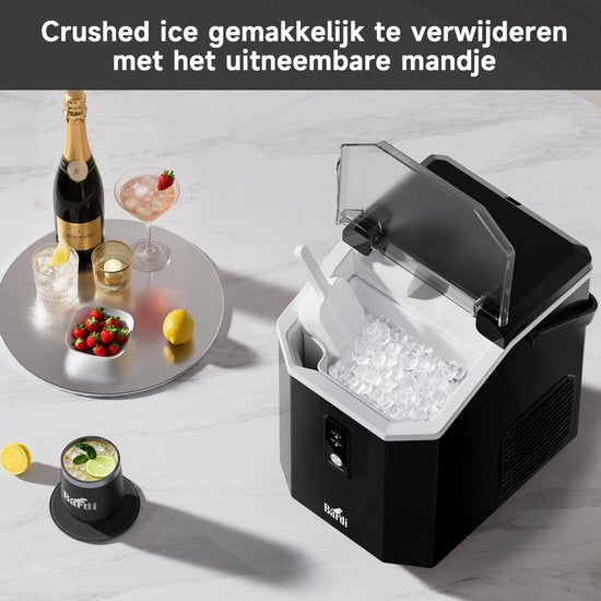 Bardi 1,1 l – Nugget-Eismaschine Square – Crushed-Ice-Maschine mit Eislöffel – 15 kg/24 Stunden – Eiswürfelmaschine – Mit luxuriösem Thermobecher – Schwarz