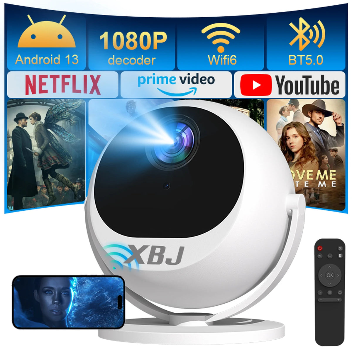 XBJ 360°-Projektor – Full HD 1080p – 4K-kompatibel – 900 ANSI-Lumen – 200-Zoll-Bild – WLAN & Bluetooth
