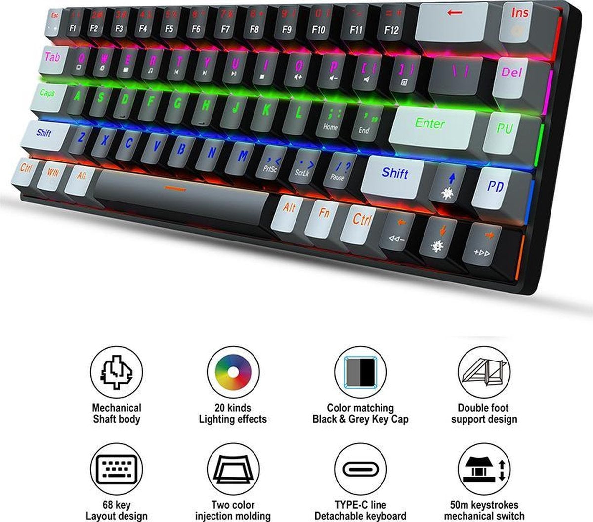 HXSJ V800 - Mechanische RGB-Gaming-Tastatur - QWERTY - 68 Tasten - TKL - Blauer Schalter - Schwarzgrau