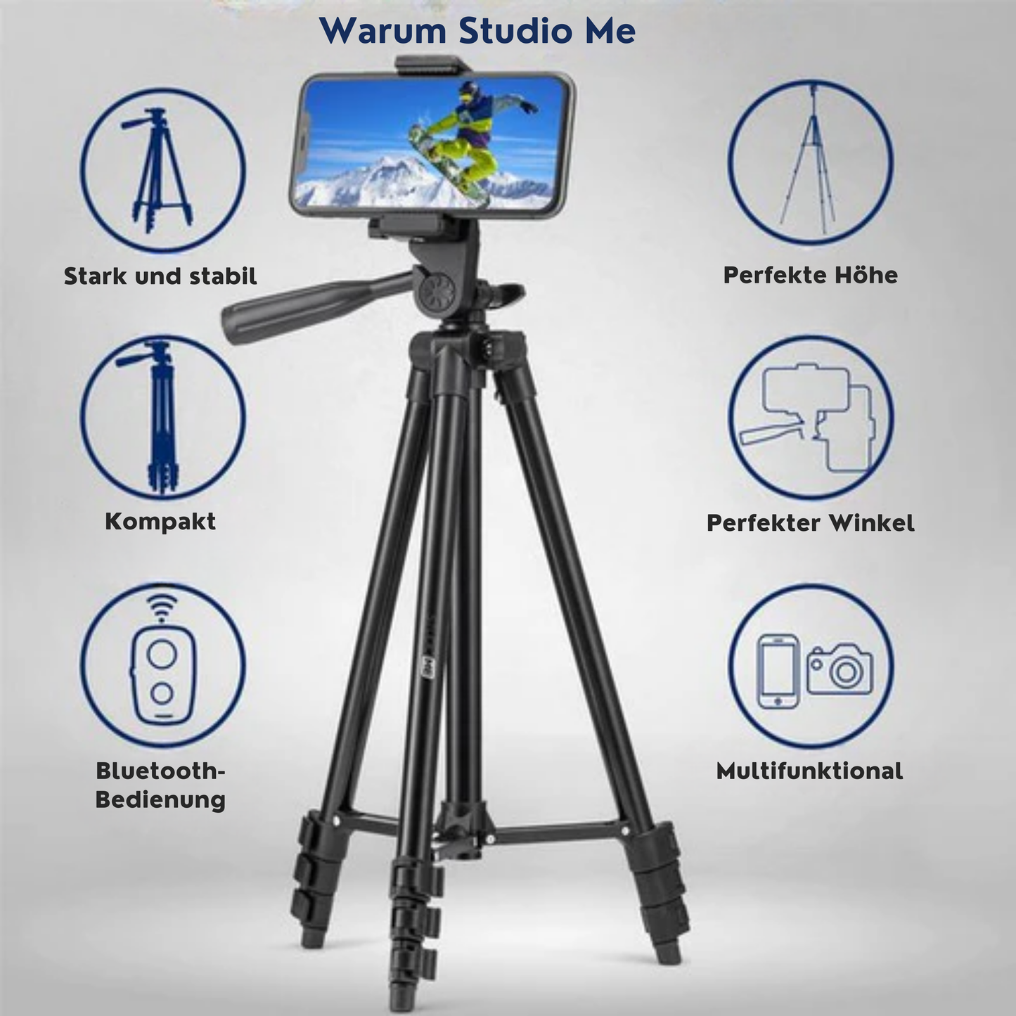 Studio ME Stativ Smartphone - 128 cm - Inkl. Bluetooth-Fernbedienung - Schwarz