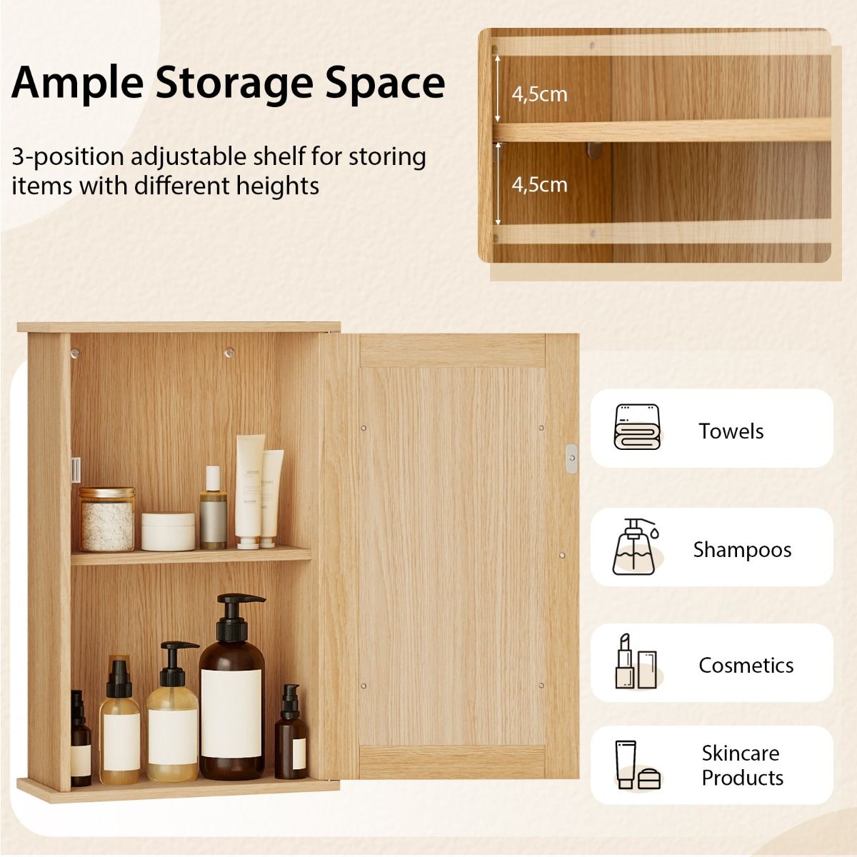 Coast Badezimmerschrank mit Spiegel – beidseitig öffnende Tür – verstellbares Regal – Natur