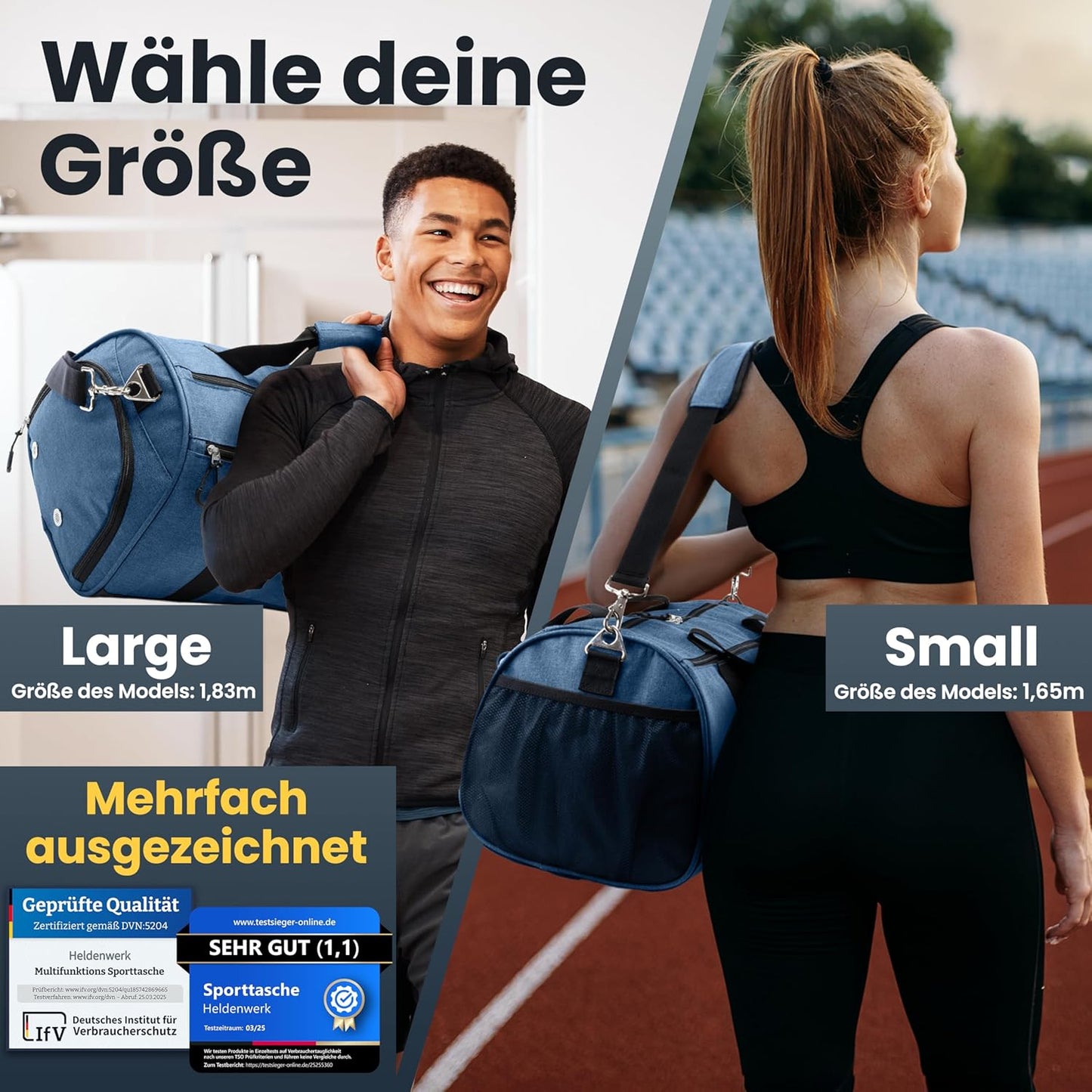 Herowerk Sporttasche mit Schuhfach und Nassfach, Trainingstasche für Damen und Herren, ideal als Reisetasche, Fitnesstasche, Trainingstasche oder Sporttasche, Dunkelblau, Sporttasche mit Schultergurt