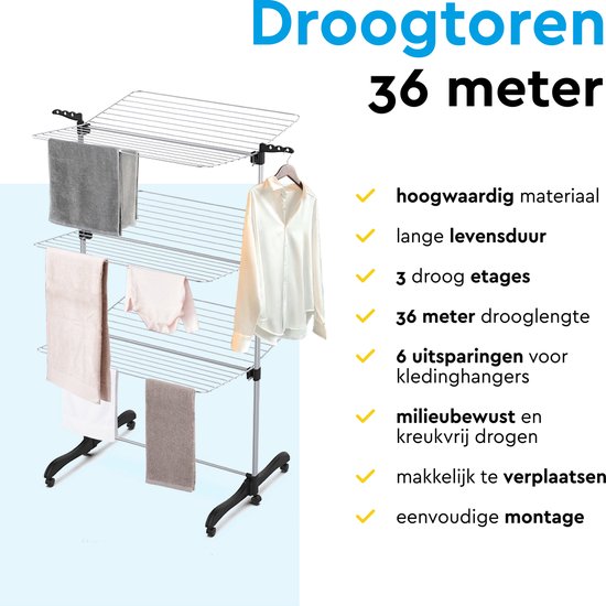 BRASQ Trockenturm zusammenklappbar 3 Lagen - Trocknungslänge 36 Meter - Wäscheständer mit Rädern und Haltern - Wäscheständer - Wäscheturm 77x73x140 cm