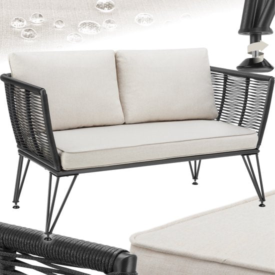 tectake® Wicker Lounge Bank - Kompakte Gartenbank mit dicken Polstern - Ideal für Balkon, Garten oder Terrasse - Stilvolle und bequeme Outdoor-Lounge-Bank - Seil-Design
