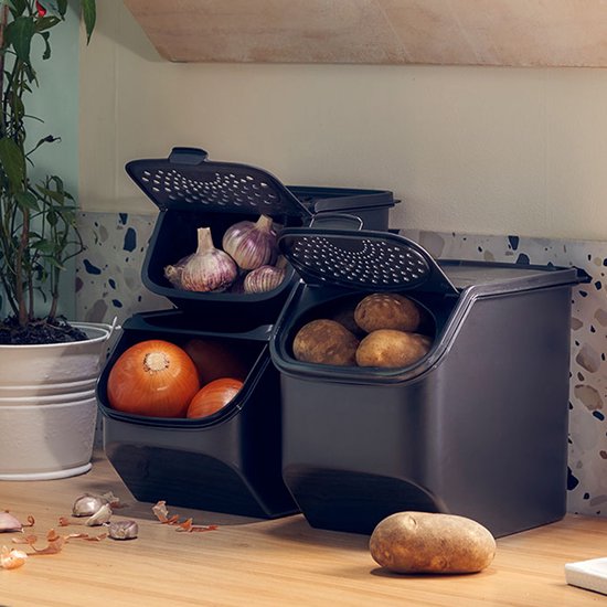 Tupperware-Set – PotatoSmart 8,3 l, OnionSmart 5,5 l & GarlicSmart 2,3 l – Innovative Behälter für Kartoffeln, Zwiebeln und Knoblauch mit optimaler Luftzirkulation – Stapelbares Design – Spülmaschinenfest