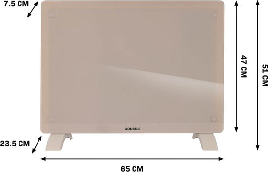 VONROC Luxury electric heater - Konvektorheizung mit Glasscheibe - 750W/1500W - Beheizt Räume bis zu 18m2 - Gesteuert sowohl mit App (über Wifi) als auch manuell - Einstellbarer Thermostat und Timer - Beige