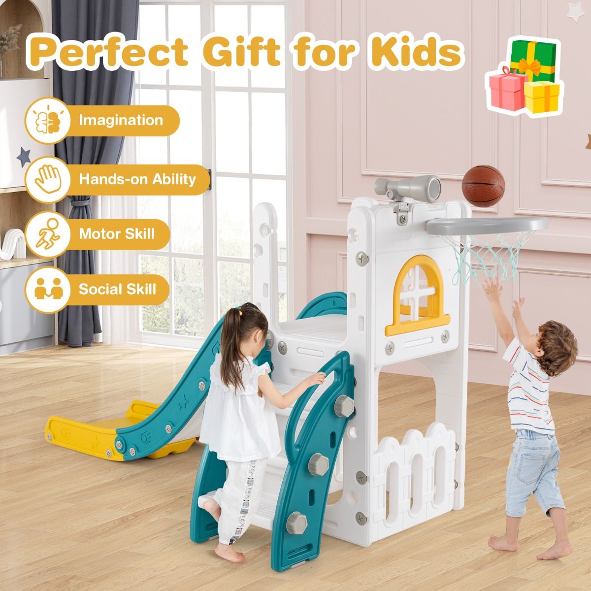 Coast 6-in-1-Kinderrutsche – mit Basketballkorb und Teleskop – L-Form – grün