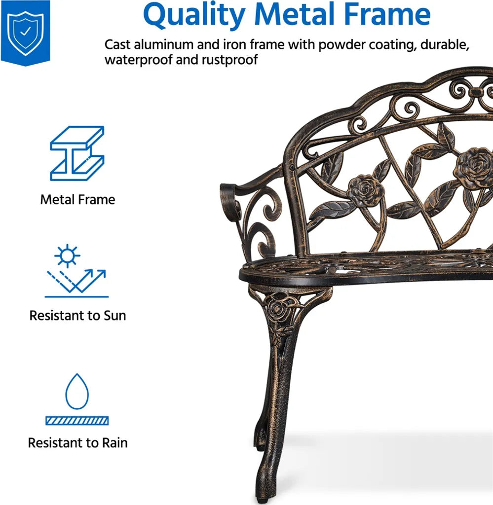 Yaheetech Gartenbank 99,5 x 57 x 78,5 cm – Bronze – Vintage-Gartenbank aus Metall mit Rosenmuster