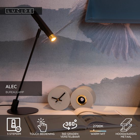 Lucide ALEC – Schreibtischlampe – LED 3-Stufen-Dimmer – G9 – 1x3W 2700K – Inklusive austauschbarer Ringe – Schwarz