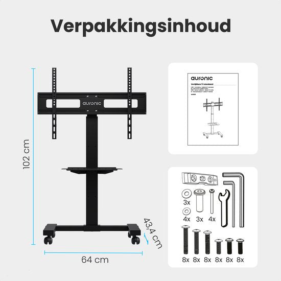 Auronic TV-Ständer, fahrbar, für Fernseher von 32 bis 75 Zoll – TV-Ständer auf Rädern – universell einsetzbar – höhenverstellbar – drehbar – neigbar – für 55", 65" und mehr – schwarz