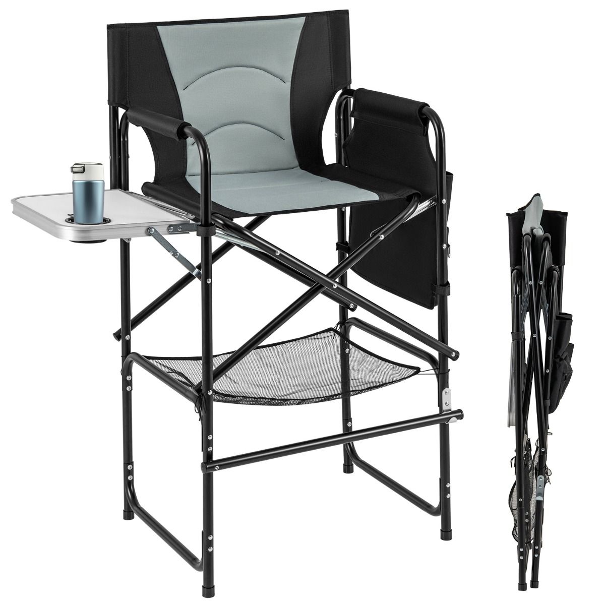 Coast Campingstuhl Klappbarer Regiestuhl mit Beistelltisch, Fußstütze und Staufächern - Schwarz/Grau - 65 x 53 x 116,5 cm