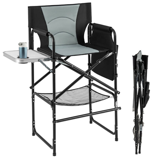 Coast Campingstuhl Klappbarer Regiestuhl mit Beistelltisch, Fußstütze und Staufächern - Schwarz/Grau - 65 x 53 x 116,5 cm