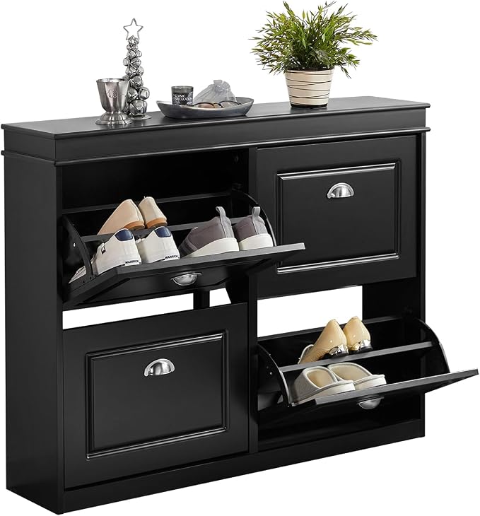 SoBuy Schuhschrank mit 4 Klappen – MDF – 105 x 82 x 24 cm – Schwarz