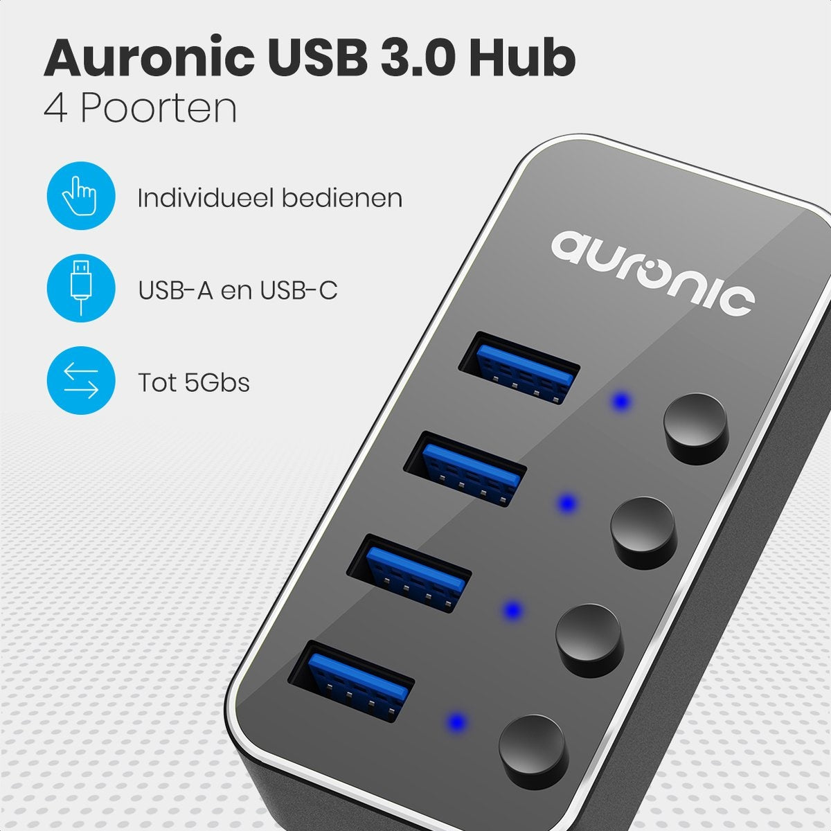Auronic USB Hub 3.0 - USB Splitter mit 4 Ports - mit Netzteil - 5 GBPs - Led-Anzeige - Schwarz