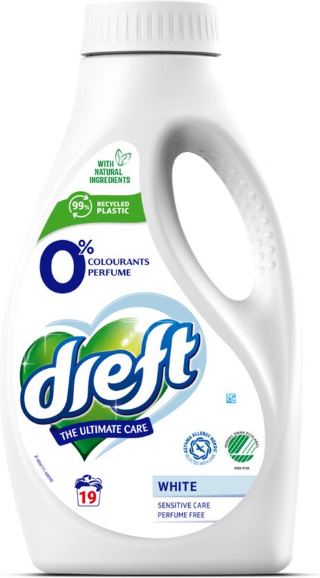 Dreft Flüssigwaschmittel 0 % für weiße Wäsche, 19 Waschgänge – 988 ml