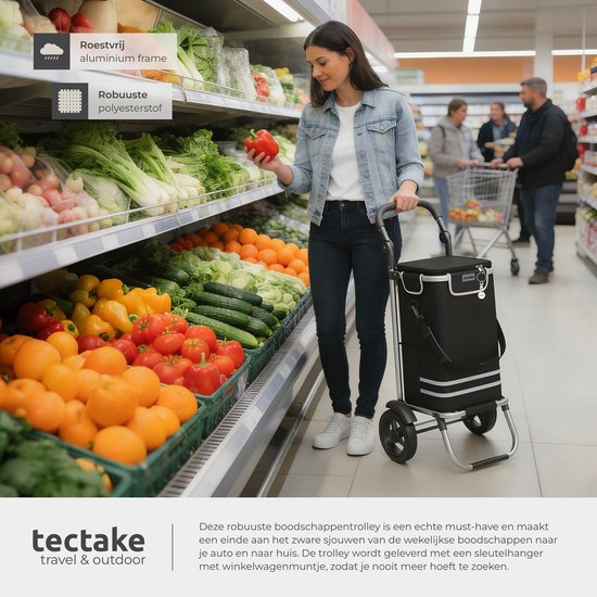 tectake® 3-in-1-Einkaufswagen mit Kühlfach – zusammenklappbar – 56 l Fassungsvermögen – Einkaufswagen – Einkaufstrolley - Auch als Sackkarre und Einkaufstasche verwendbar – Mit Schlüsselanhänger und Einkaufswagenmünze – Schwarz