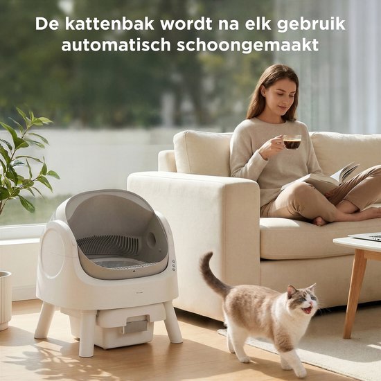 TrevoPet® Automatisches Katzenklo - Selbstreinigend & Sicher - Für Katzen bis zu 12KG - Inkl. Matte, 60 Abfallbeutel & Zubehör - 10L Abfallbehälter - Weiß & Grau