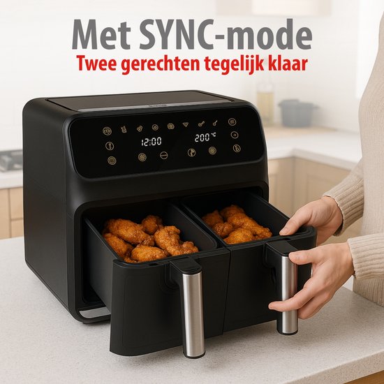 alpina Doppel-Airfryer XXL – Heißluftfritteuse 2x4 l – Airfryer mit digitalem Touchscreen – Heißluftofen für 6 Personen und mehr – 8 Kochprogramme – Sync-Modus – Timer-Funktion