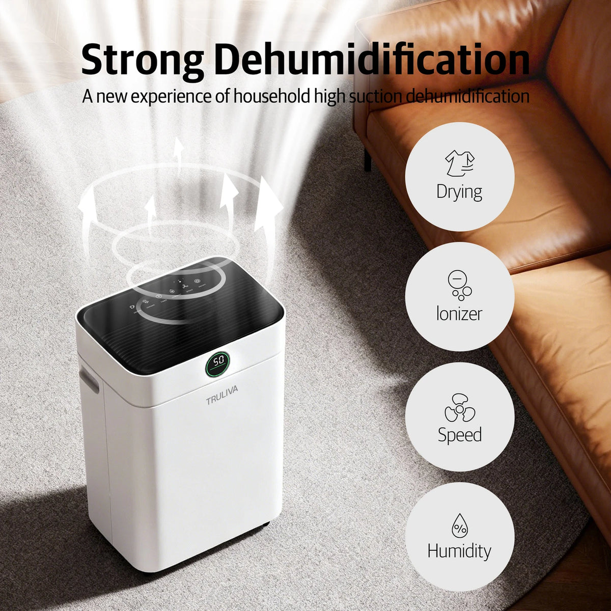 Truliva Luftentfeuchter 25 l/Tag – Wäschetrocknungsfunktion – Auto-Defrost – R290 – 2,8-Liter-Wassertank – 32 x 28 x 52,7 cm