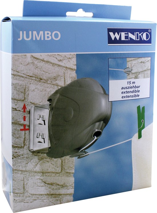WENKO Wäscheleine Jumbo 15 Meter – Wäscheleine – Ausziehbare Wäscheleine auf Rolle – Wäscheleine mit automatischer Aufrollfunktion