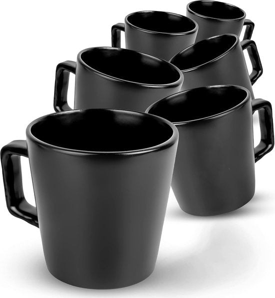 Deleca Kaffeetassen 6er Set - Kaffeetassen mit Ohr - Kaffeetassen / Becher - Massiv Steingut - Matt Schwarz / 360 ml