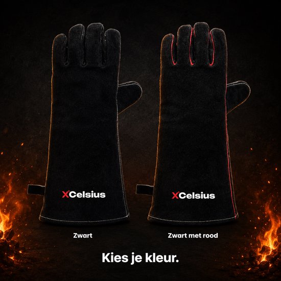 XCelsius® BBQ-Handschuhe aus Spaltleder – TÜV-zertifiziert nach EN 407 – Hitzebeständige Grill- und Ofenhandschuhe – Für Kamado, Gusseisen, Roste und Hitzeschilde – Geschenke für Männer – 1 Paar – Schwarz mit Rot