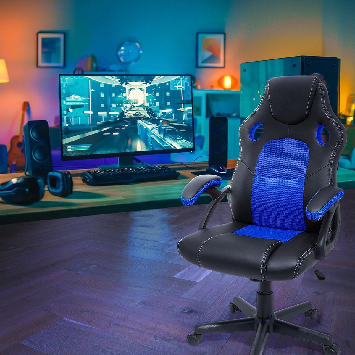 LifeGoods Gaming Stuhl - Einstellbar - Gaming Stuhl - Kunstleder - Blau/Schwarz