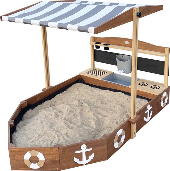 AXI Dora Boot Sandkasten mit Spielküche und Dach (UV50) 160 x 100 cm Anthrazit/Braun – Mit Kreidetafel und Stauraum – Inklusive Bodenplane – 10 Jahre Garantie!