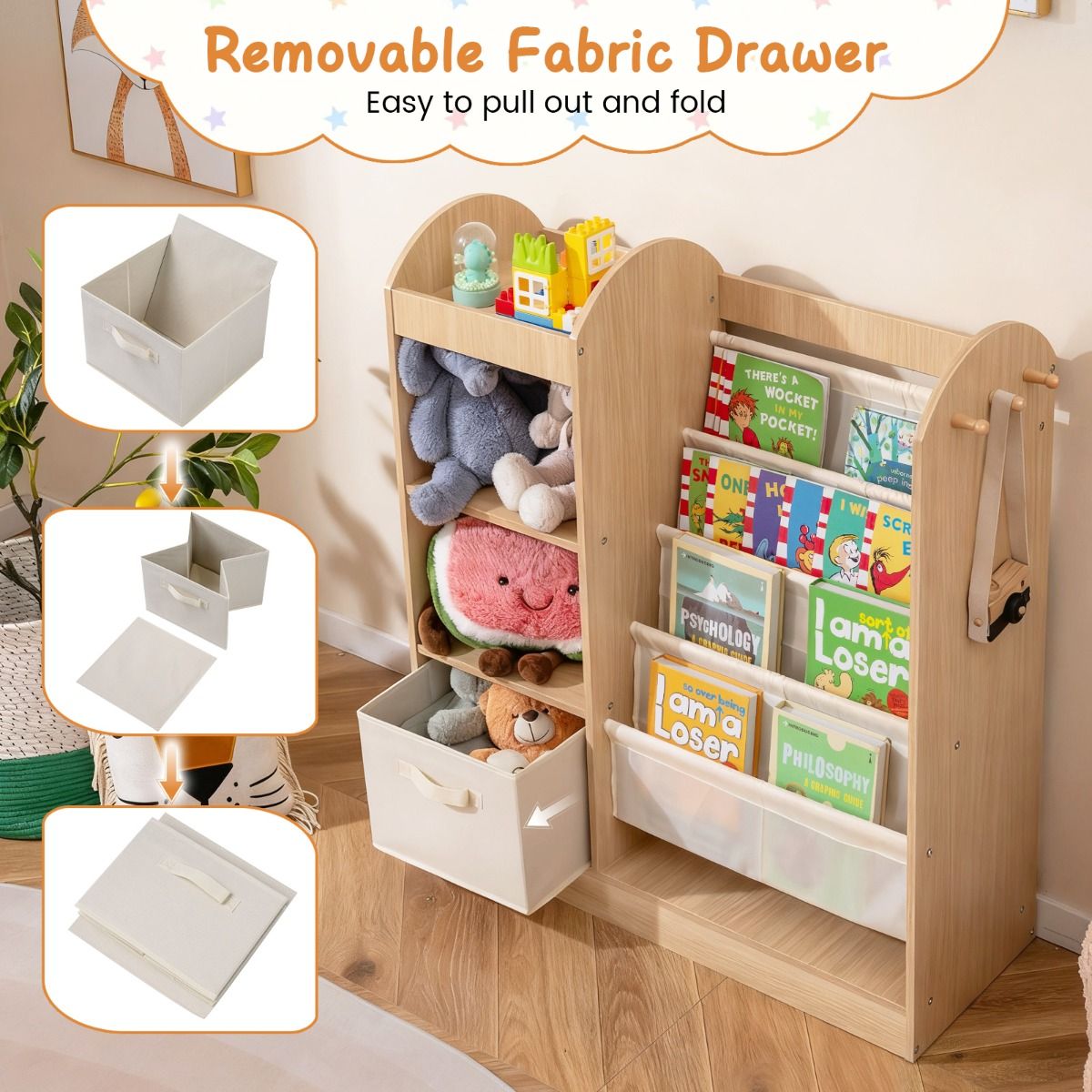 Coast Kinderbücherschrank mit Ganzkörperspiegel – 4-stöckiges Bücherregal, Stoffschublade und Haken – Naturfarben – 87,5 x 30 x 90 cm