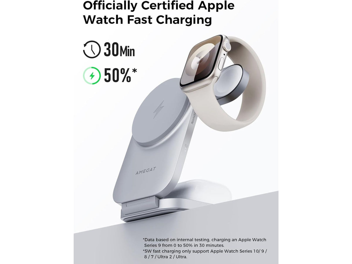 AMEGAT 3-in-1 MagFusion Z Ladestation – Qi2 – 15 W – MagSafe – zusammenklappbar – inklusive 30-W-Adapter