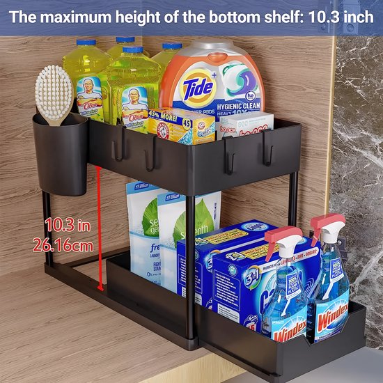 Nexxt Küchenschrank-Organizer - 2 Lagen - Regal mit ausziehbarer Schublade - Inklusive Haken und Tabletts - Spülen-Organizer - Schwarz