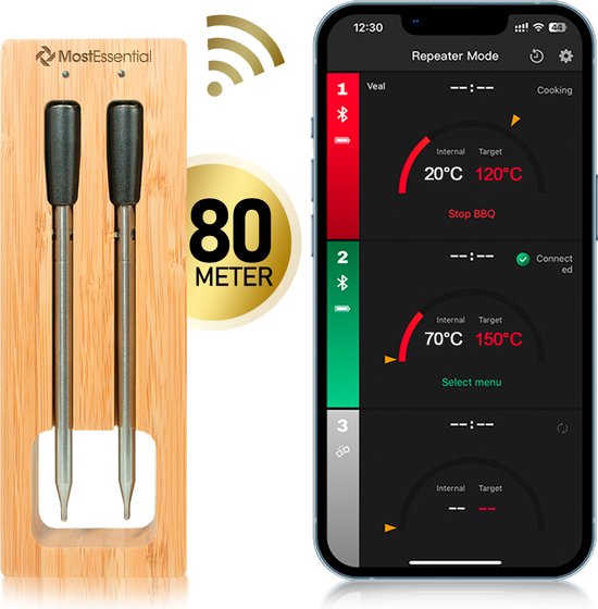 MostEssential Smart Meat Thermometer - Drahtlos - 80M Reichweite - 36 Stunden Betriebszeit - Bluetooth 5.2 - 2000mAh Batterie - Doppelsonde Edition