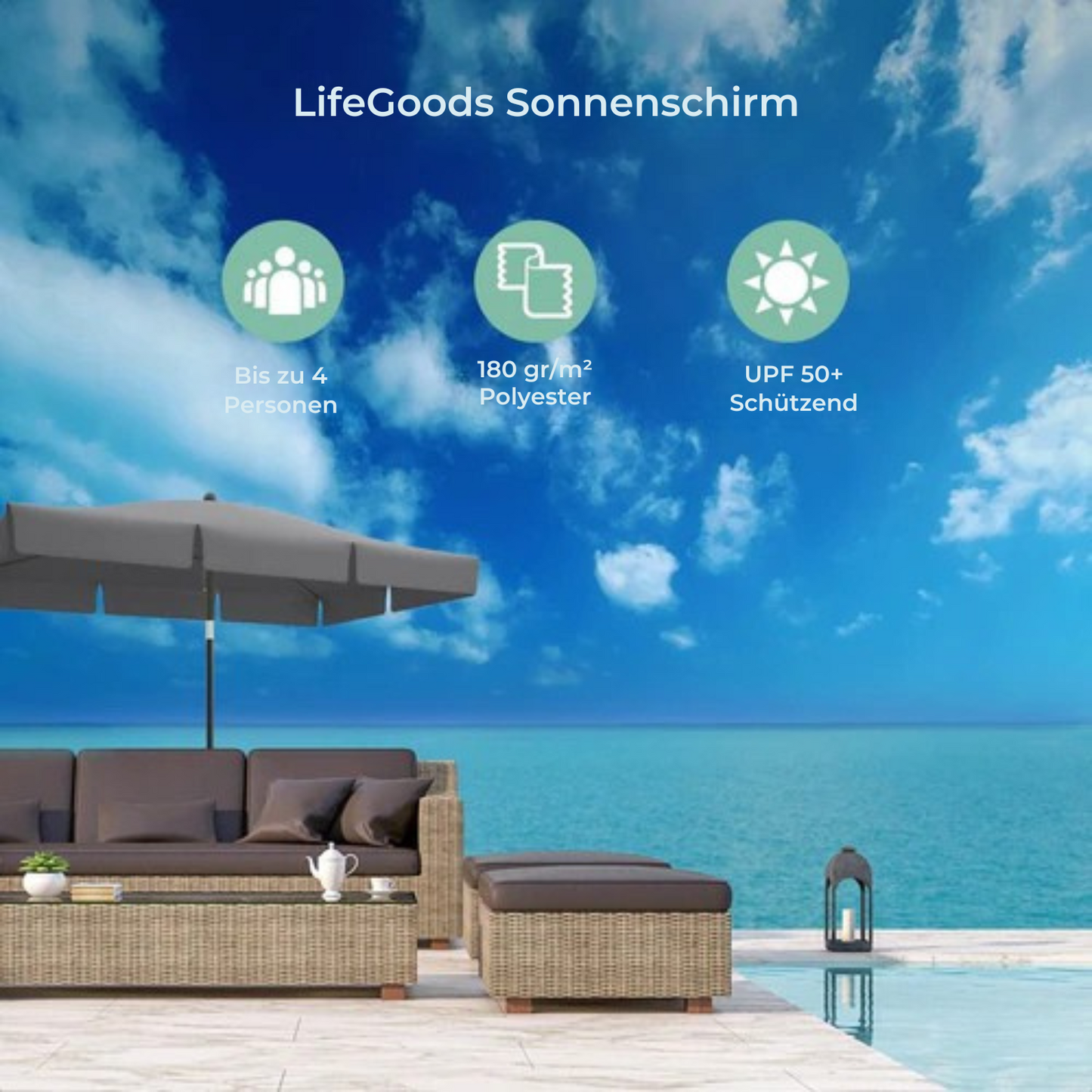 LifeGoods - Sonnenschirm - 200x125cm - 30° neigbar - Wasserdicht - mit Bezug - Grau