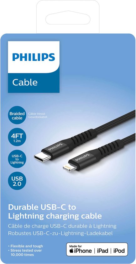 Philips USB-Kabel 3.0 - USB-C - Lightning - Kompatibel mit iPhone - Länge 1,2 Meter - Schwarz - Nylon