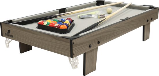 Cougar Billardtisch Mini 3 ft – Kompakter Billardtisch in Eiche/Grau – Aufstellbarer Tisch – Inklusive Kugeln, Queues, Dreieck, Kreide und Bürste