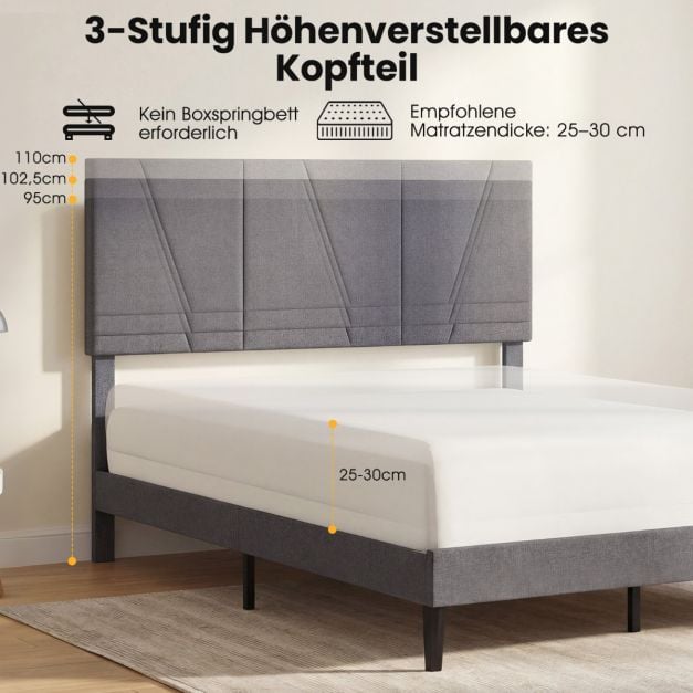 Coast Poliertes Bettgestell – 160 x 200 cm – Verstellbares Kopfteil – Dunkelgrau