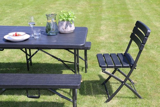 ERRO Picknickbank - Klappbare Gartenbank - Holzoptik - Schwarz - 180cm